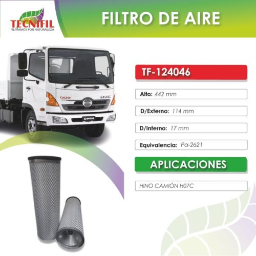 TF-124046 Filtro de aire CASE EXCAVADORA 40E HINO CAMIÓN H07C TECNIFIL COLOMBIA Ficha