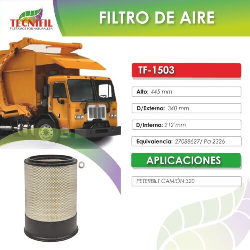 TF 1503 FILTRO DE AIRE PARA CAMION PETERBILT 320 FICHA TECNIFIL COLOMBIA