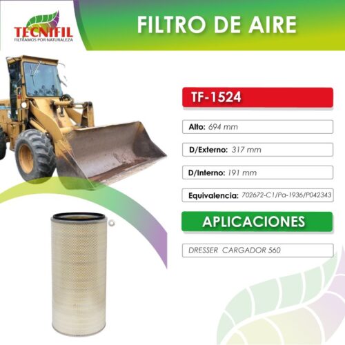 TF 1524 FILTRO DE AIRE PARA DRESSER CARGADOR 560 KOMATSU H100 FICHA TECNIFIL COLOMBIA
