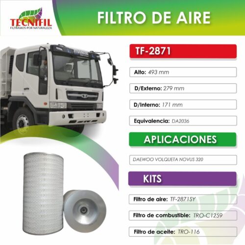 TF 2871 FILTRO DE AIRE PARA DAEWOO NOVUS 320 FICHA TECNIFIL COLOMBIA