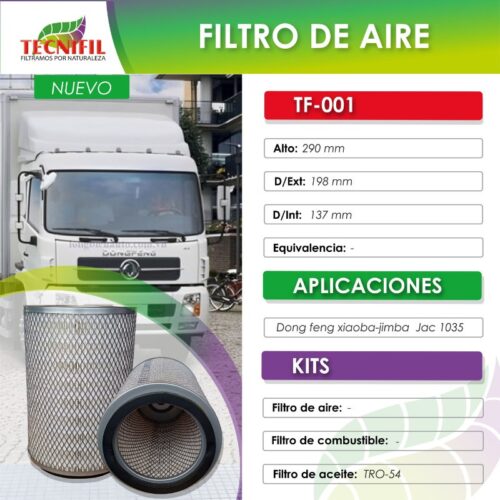 TRO F001 Filtro de aire para Donfeng Xioba Yinga JAC Tecnifil Colombia