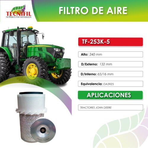 TF 253K-5 FILTRO DE AIRE PARA TRACTORES JOHN DEERE FICHA TECNIFIL COLOMBIA